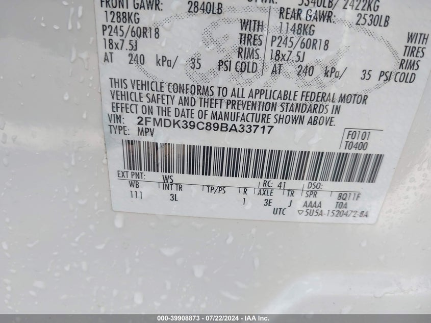 2009 Ford Edge Limited VIN: 2FMDK39C89BA33717 Lot: 39908873