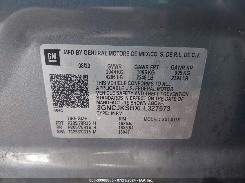 2020 Chevrolet Trax Fwd Ls VIN: 3GNCJKSBXLL327573 Lot: 39908885