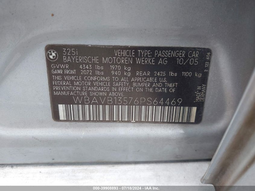 2006 BMW 325I VIN: WBAVB13576PS64469 Lot: 39908893