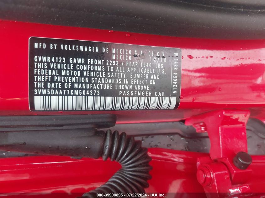 2019 Volkswagen Beetle 2.0T Final Edition Se/2.0T Final Edition Sel/2.0T S/2.0T Se VIN: 3VW5DAAT7KM504373 Lot: 39908895