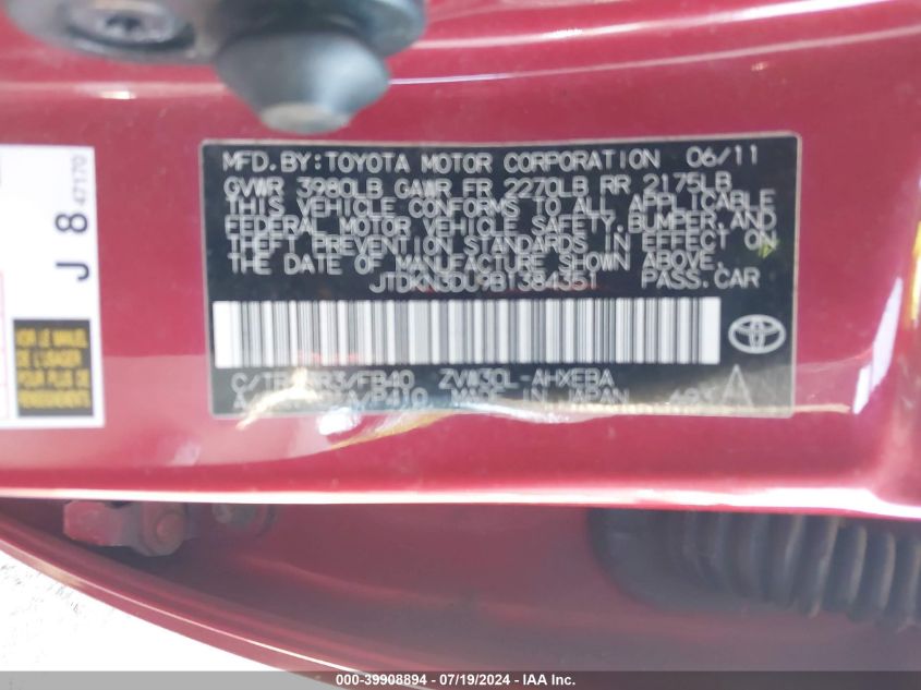 2011 Toyota Prius VIN: JTDKN3DU9B1384351 Lot: 39908894