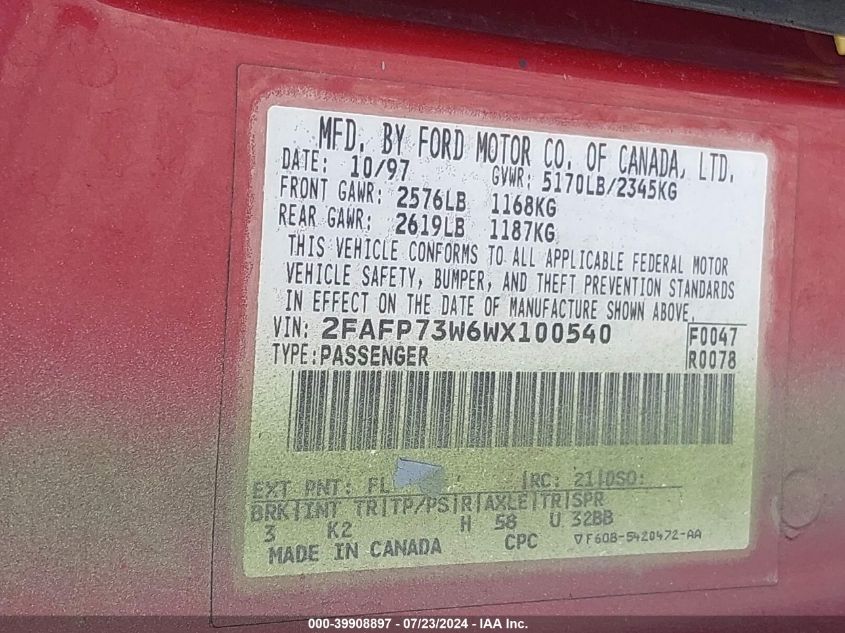 1998 Ford Crown Victoria VIN: 2FAFP73W6WX100540 Lot: 39908897