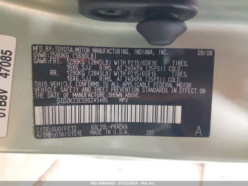 2009 Toyota Sienna Le VIN: 5TDZK23C59S245485 Lot: 39908902