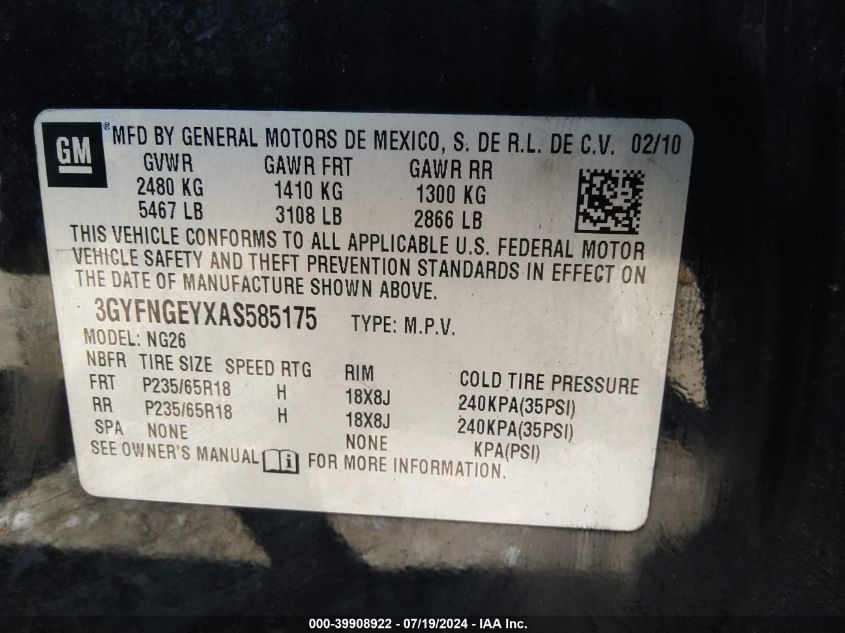 2010 Cadillac Srx Standard VIN: 3GYFNGEYXAS585175 Lot: 39908922