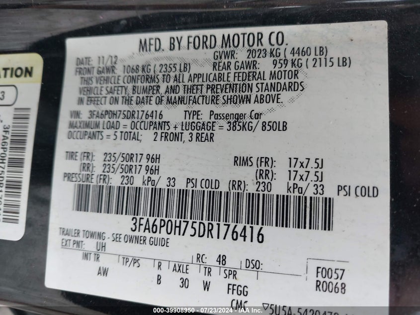 2013 Ford Fusion Se VIN: 3FA6P0H75DR176416 Lot: 39908950