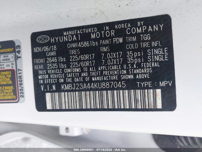 2019 Hyundai Tucson Se VIN: KM8J23A44KU887045 Lot: 39908951