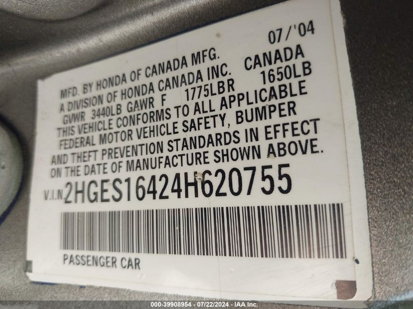 2004 Honda Civic Vp VIN: 2HGES16424H620755 Lot: 39908954