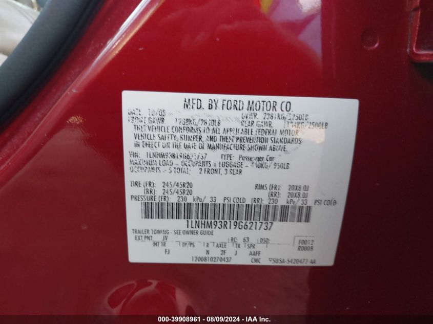 2009 Lincoln Mks VIN: 1LNHM93R19G621737 Lot: 39908961