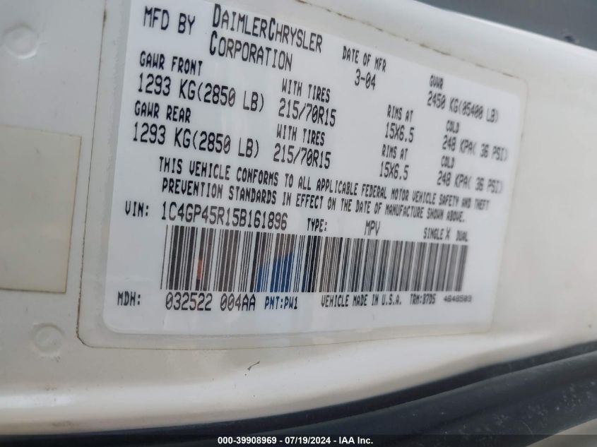 2005 Chrysler Town & Country VIN: 1C4GP45R15B161896 Lot: 39908969