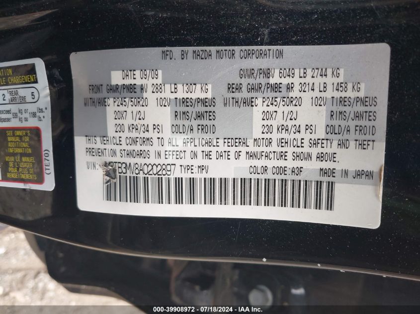 2010 Mazda Cx-9 Grand Touring VIN: JM3TB3MV8A0202897 Lot: 39908972