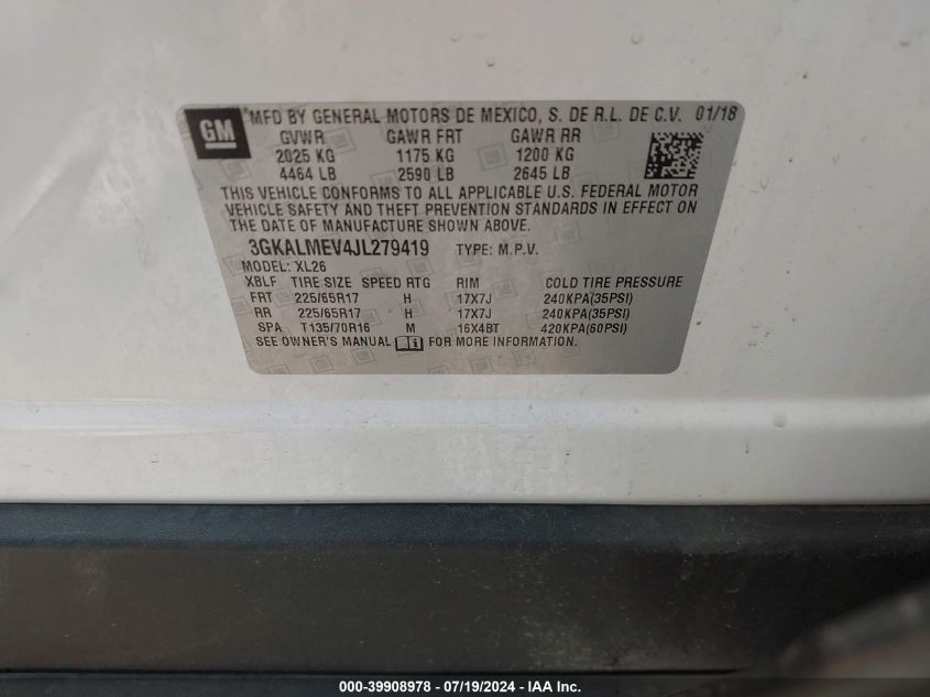 2018 GMC Terrain Sle VIN: 3GKALMEV4JL279419 Lot: 39908978