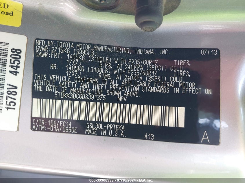 2013 Toyota Sienna Le V6 8 Passenger VIN: 5TDKK3DC6DS391375 Lot: 39908999