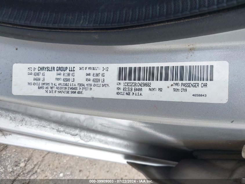 2012 Dodge Avenger Sxt VIN: 1C3CDZCB1CN230662 Lot: 39909003