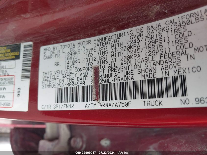 2007 Toyota Tacoma Double Cab Long Bed VIN: 3TMMU52N87M004980 Lot: 39909017