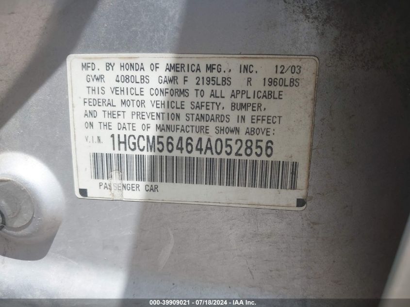 2004 Honda Accord 2.4 Lx VIN: 1HGCM56464A052856 Lot: 39909021