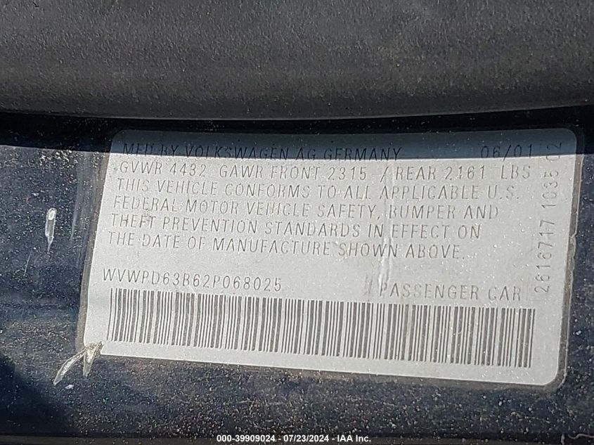 2002 Volkswagen Passat Gls VIN: WVWPD63B62P068025 Lot: 39909024