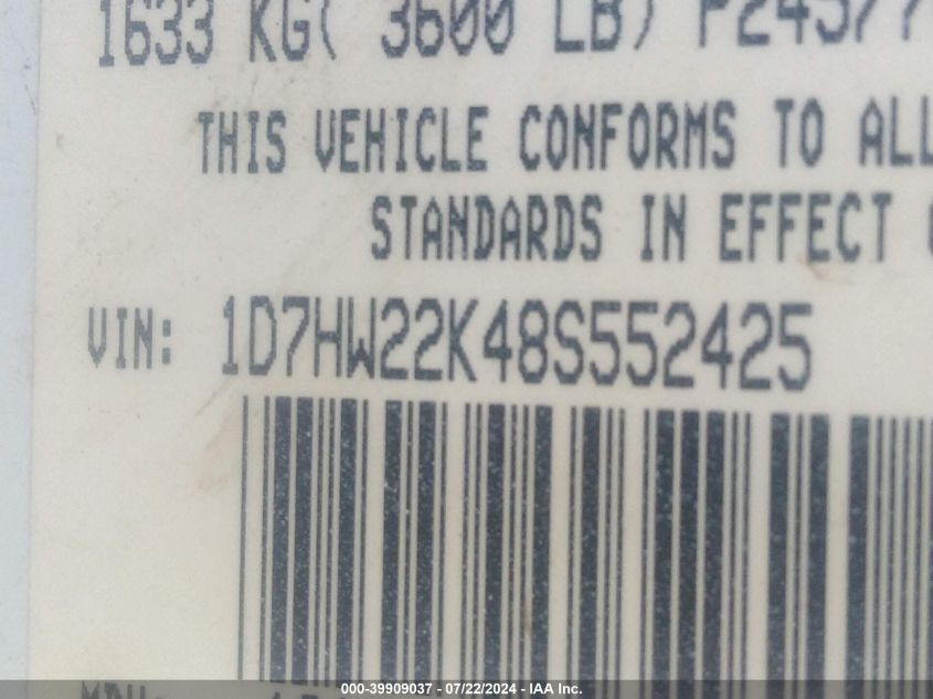 2008 Dodge Dakota St VIN: 1D7HW22K48S552425 Lot: 39909037