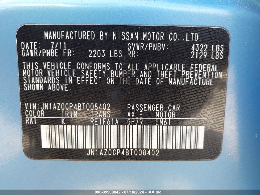 2011 Nissan Leaf Sl VIN: JN1AZ0CP4BT008402 Lot: 39909042