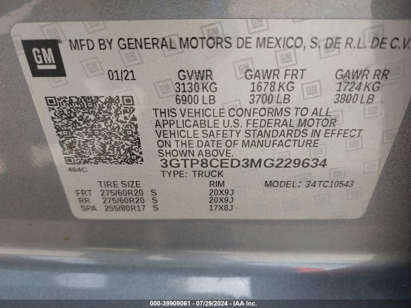 3GTP8CED3MG229634 2021 GMC Sierra 1500 C1500 Elevation