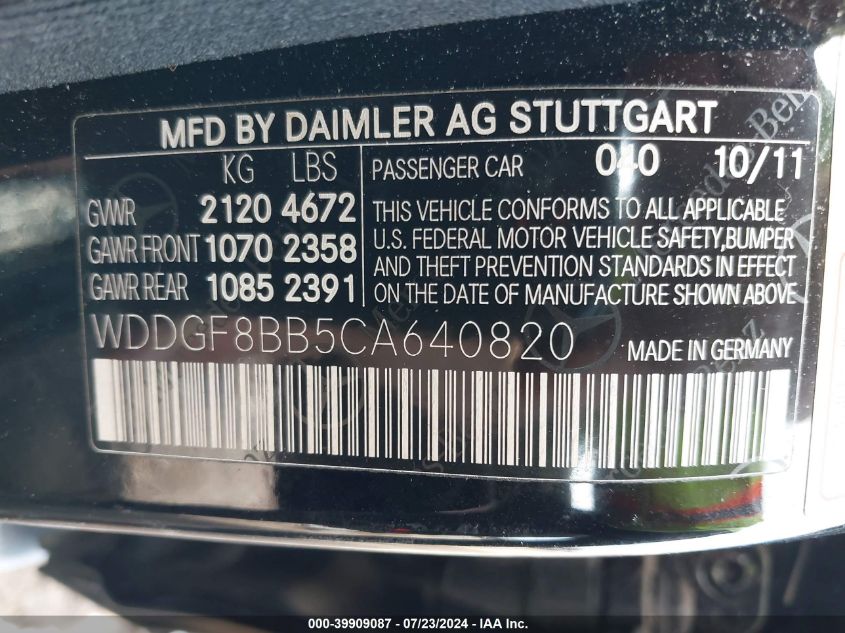 2012 Mercedes-Benz C 300 VIN: WDDGF8BB5CA640820 Lot: 39909087