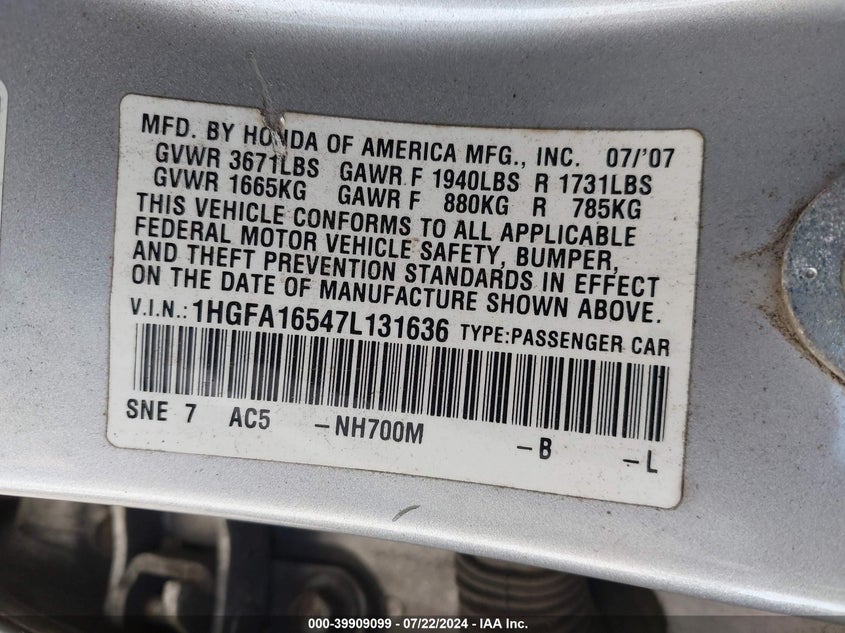 2007 Honda Civic Lx VIN: 1HGFA16547L131636 Lot: 39909099