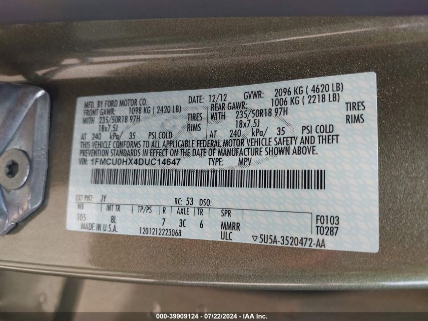 2013 Ford Escape Sel VIN: 1FMCU0HX4DUC14647 Lot: 39909124