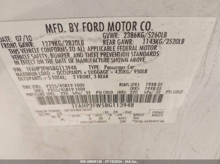 1FAHP2FW5BG113948 | 2011 FORD TAURUS