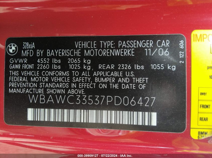 2007 BMW 328Xi VIN: WBAWC33537PD06427 Lot: 39909127