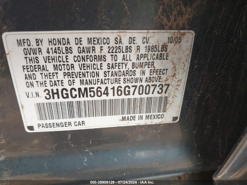 2006 Honda Accord 2.4 Lx VIN: 3HGCM56416G700737 Lot: 39909129