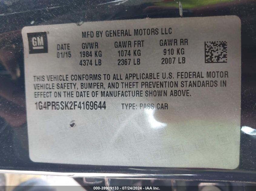 2015 Buick Verano Convenience Group VIN: 1G4PR5SK2F4169644 Lot: 39909133