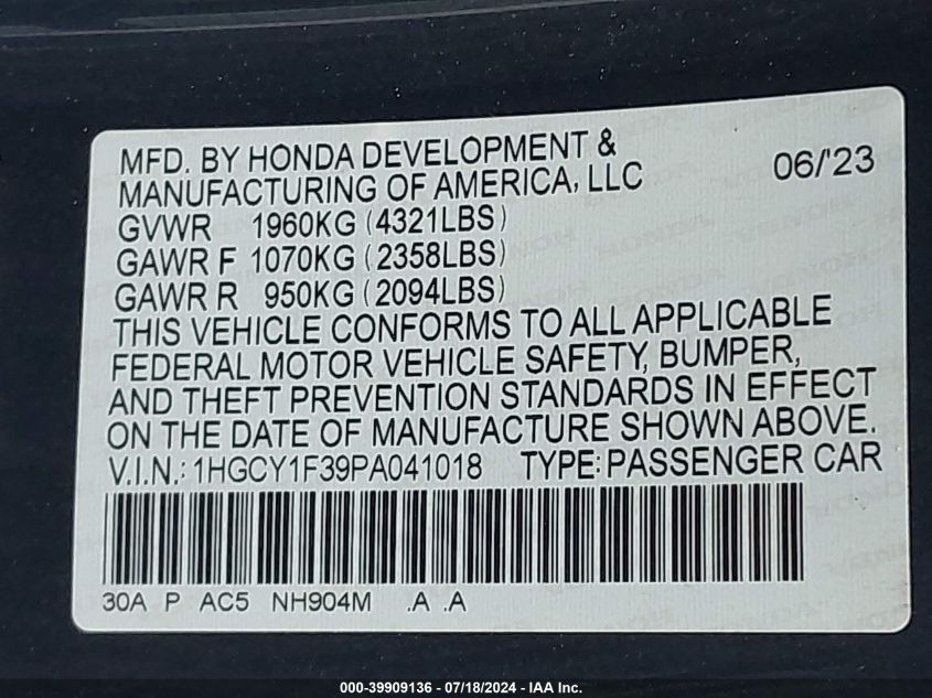 1HGCY1F39PA041018 | 2023 HONDA ACCORD