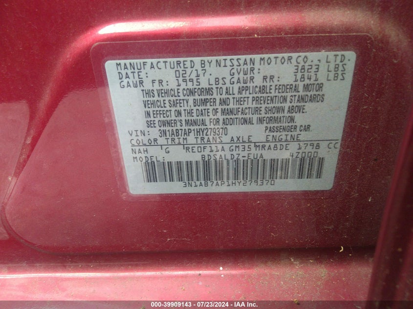 2017 Nissan Sentra Sv VIN: 3N1AB7AP1HY279370 Lot: 39909143