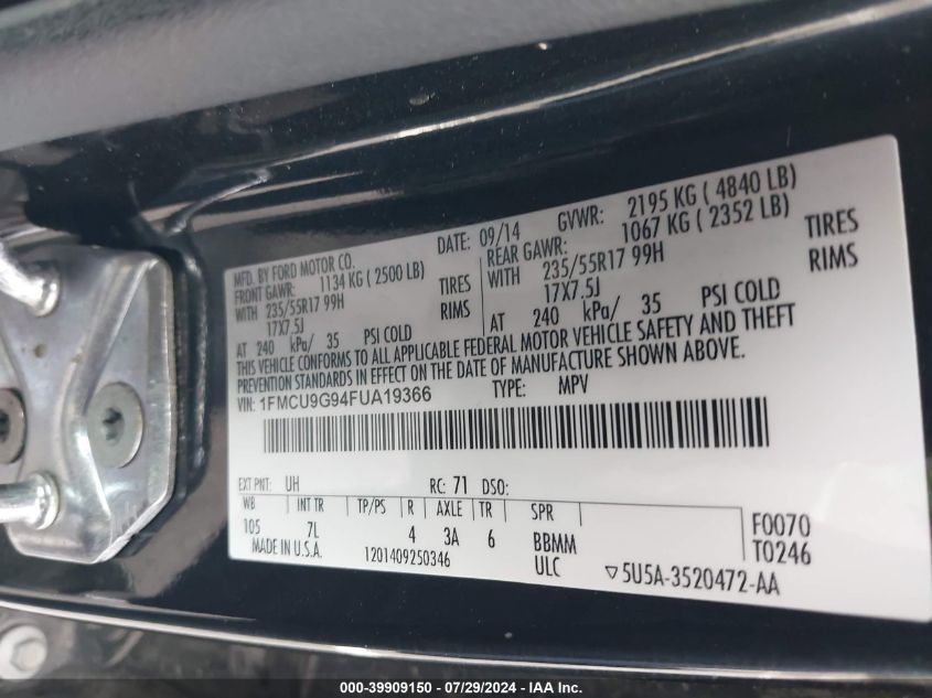 2015 Ford Escape Se VIN: 1FMCU9G94FUA19366 Lot: 39909150