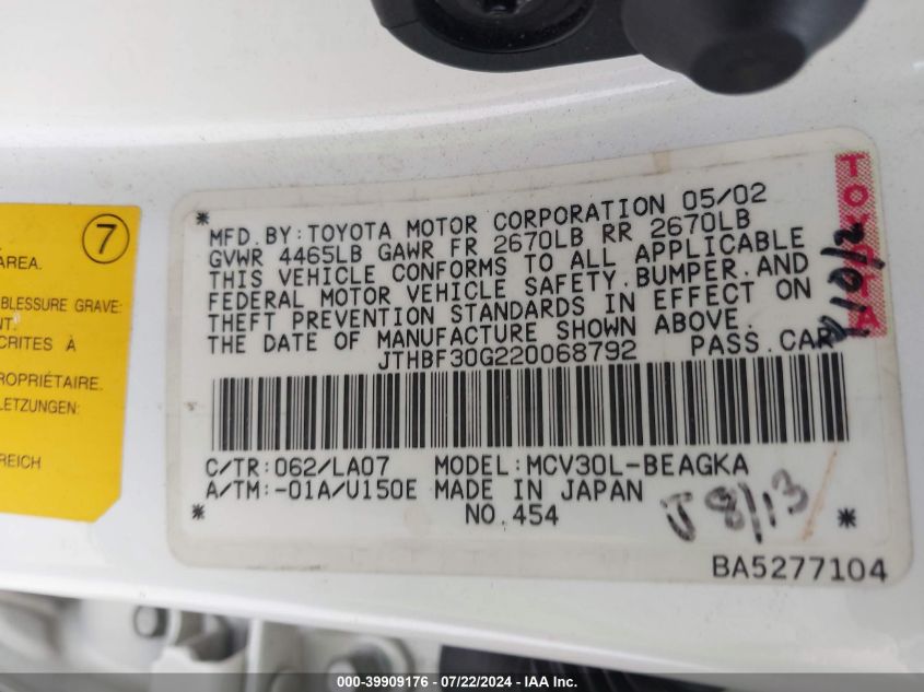 2002 Lexus Es 300 VIN: JTHBF30G220068792 Lot: 39909176