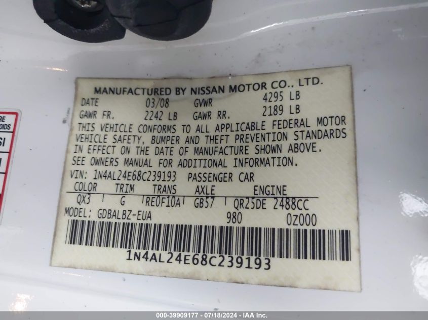 2008 Nissan Altima 2.5 S VIN: 1N4AL24E68C239193 Lot: 39909177
