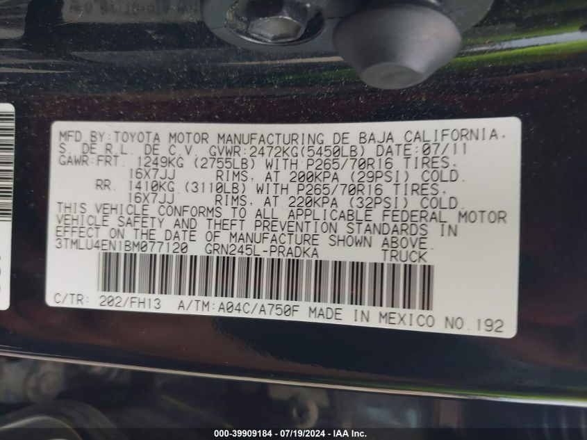 2011 Toyota Tacoma Base V6 VIN: 3TMLU4EN1BM077120 Lot: 39909184