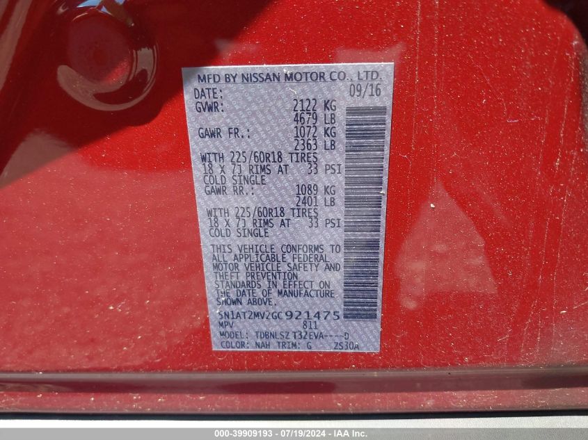 2016 Nissan Rogue Sl VIN: 5N1AT2MV2GC921475 Lot: 39909193