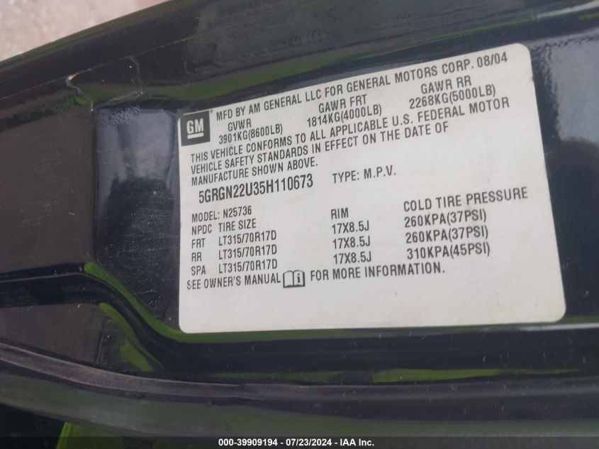 2005 Hummer H2 Sut VIN: 5GRGN22U35H110673 Lot: 39909194