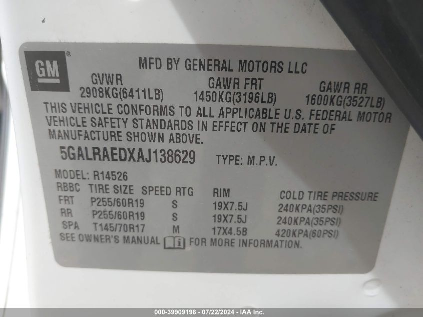 2010 Buick Enclave Cx VIN: 5GALRAEDXAJ138629 Lot: 39909196
