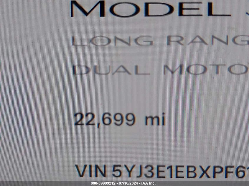 2023 Tesla Model 3 Long Range Dual Motor All-Wheel Drive VIN: 5YJ3E1EBXPF615410 Lot: 39909212