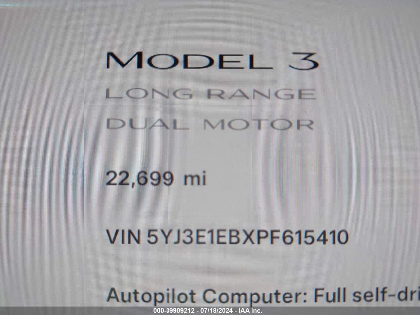 2023 Tesla Model 3 Long Range Dual Motor All-Wheel Drive VIN: 5YJ3E1EBXPF615410 Lot: 39909212