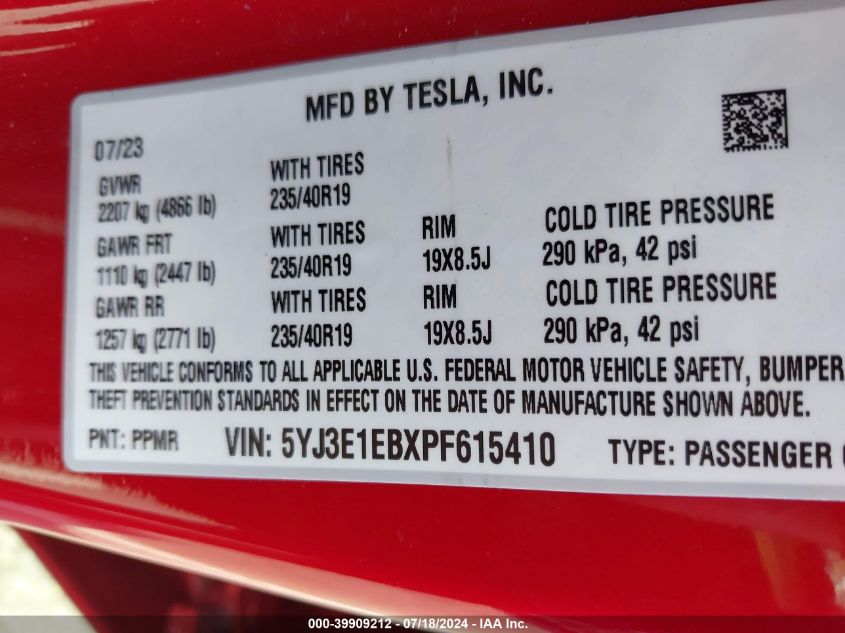 2023 Tesla Model 3 Long Range Dual Motor All-Wheel Drive VIN: 5YJ3E1EBXPF615410 Lot: 39909212