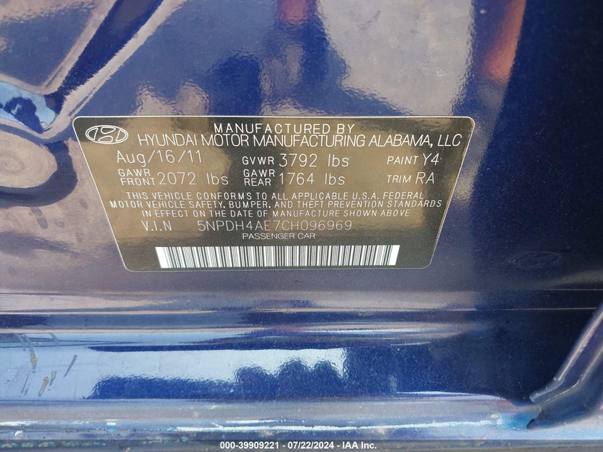 2012 Hyundai Elantra Gls VIN: 5NPDH4AE7CH096969 Lot: 39909221