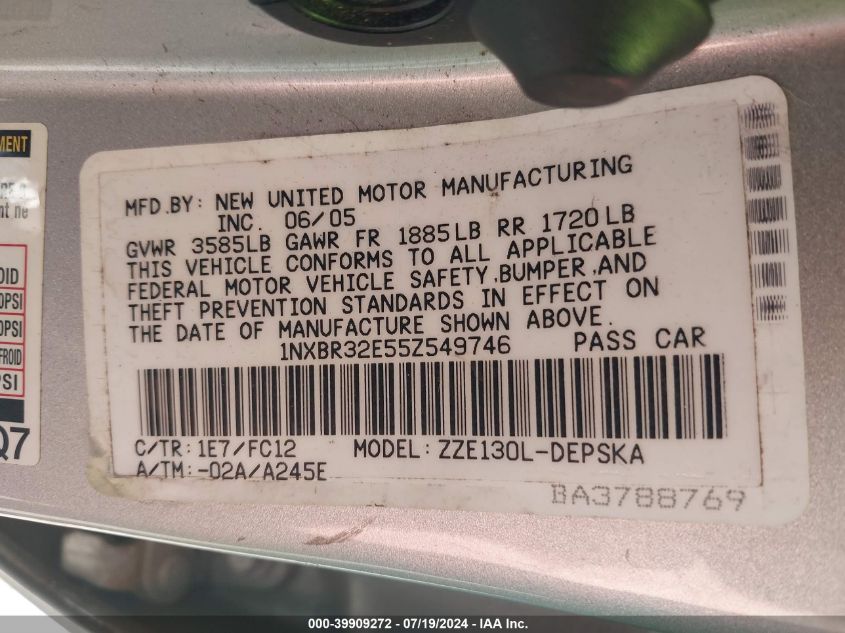 2005 Toyota Corolla S VIN: 1NXBR32E55Z549746 Lot: 39909272