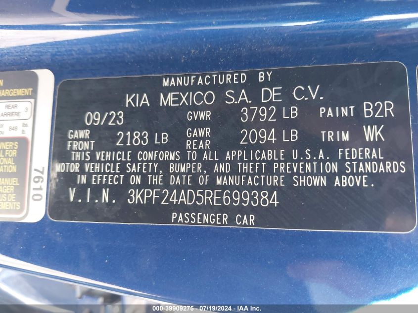 2024 Kia Forte Lxs VIN: 3KPF24AD5RE699384 Lot: 39909275