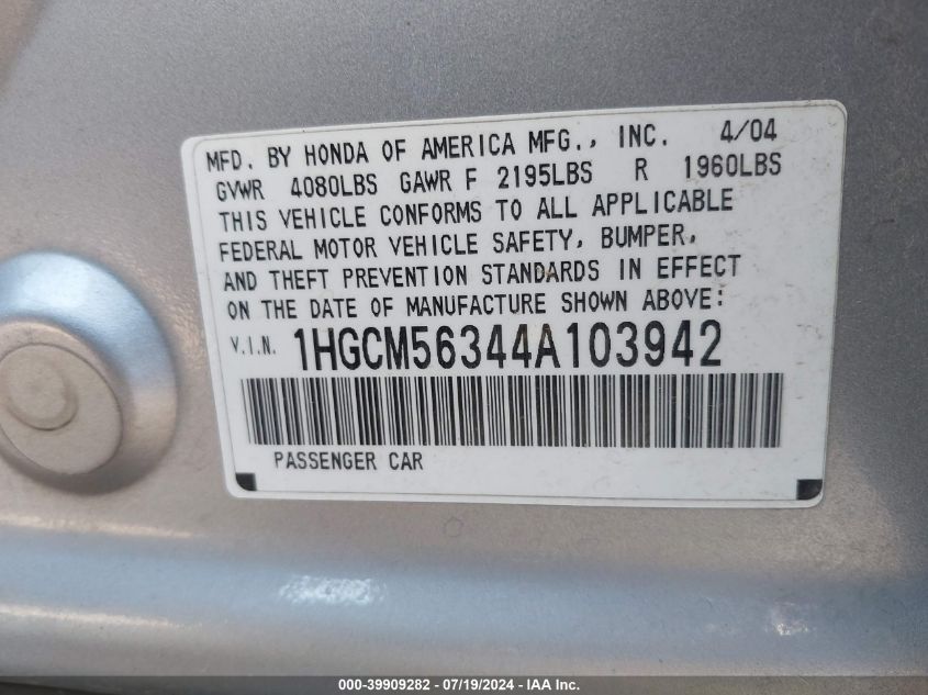 2004 Honda Accord Lx VIN: 1HGCM56344A103942 Lot: 39909282