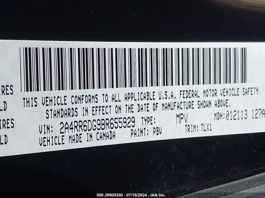 2011 Chrysler Town & Country Limited VIN: 2A4RR6DG9BR655929 Lot: 39909308