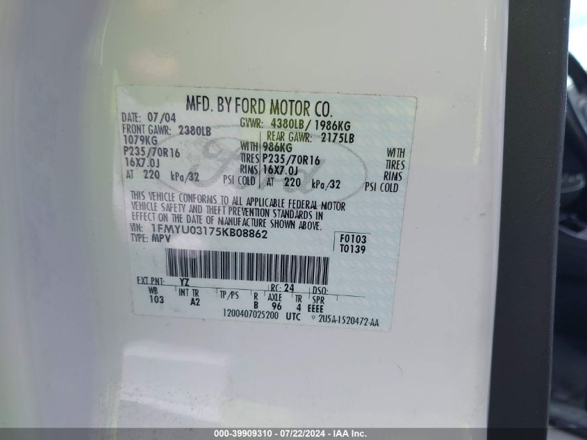 2005 Ford Escape Xlt VIN: 1FMYU03175KB08862 Lot: 39909310