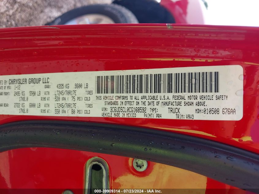 2012 Ram 2500 St VIN: 3C6UD5CL0CG168592 Lot: 39909314