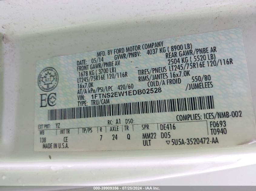 2014 Ford E-250 Commercial VIN: 1FTNS2EW1EDB02528 Lot: 39909356